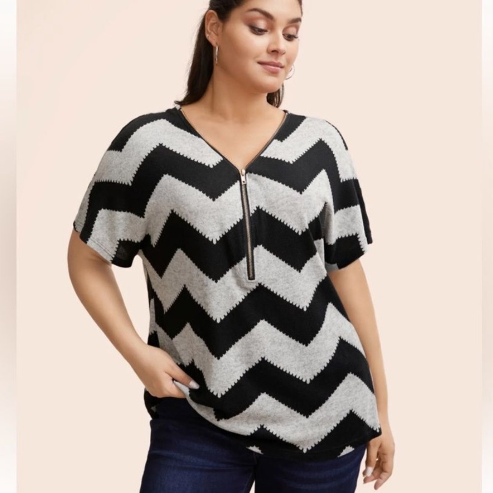 BloomChic Chevron Striped Zipper Batwing Sleeve Top. Brown + Black. Size 2X. EUC - Picture 2 of 4